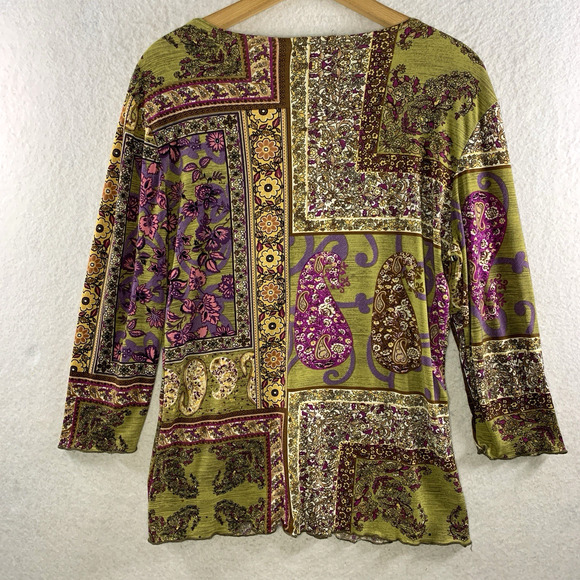 Women Patchwork Print Paisley Top Sz M Y2K Boho Indie Artsy Bling Slinky Stretch - Picture 3 of 10